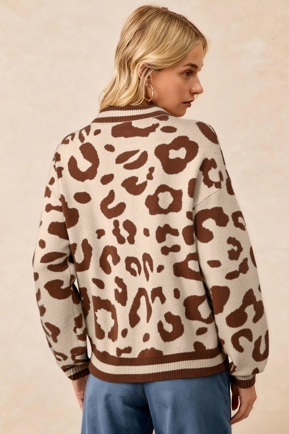 Light French Beige Leopard Printed Knit V Neck Casual Sweater