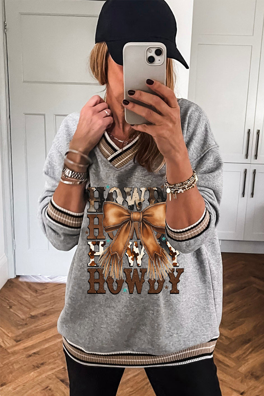 Gray Varsity Contrast Striped Trim V Neck Sweatshirt