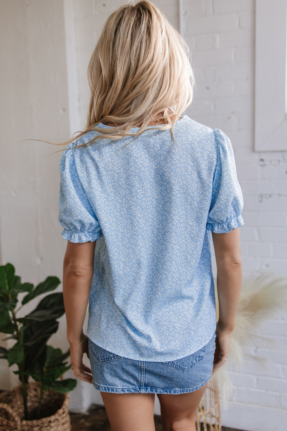 Sky Blue Floral Embroidered Puff Sleeve Notched V Neck Blouse