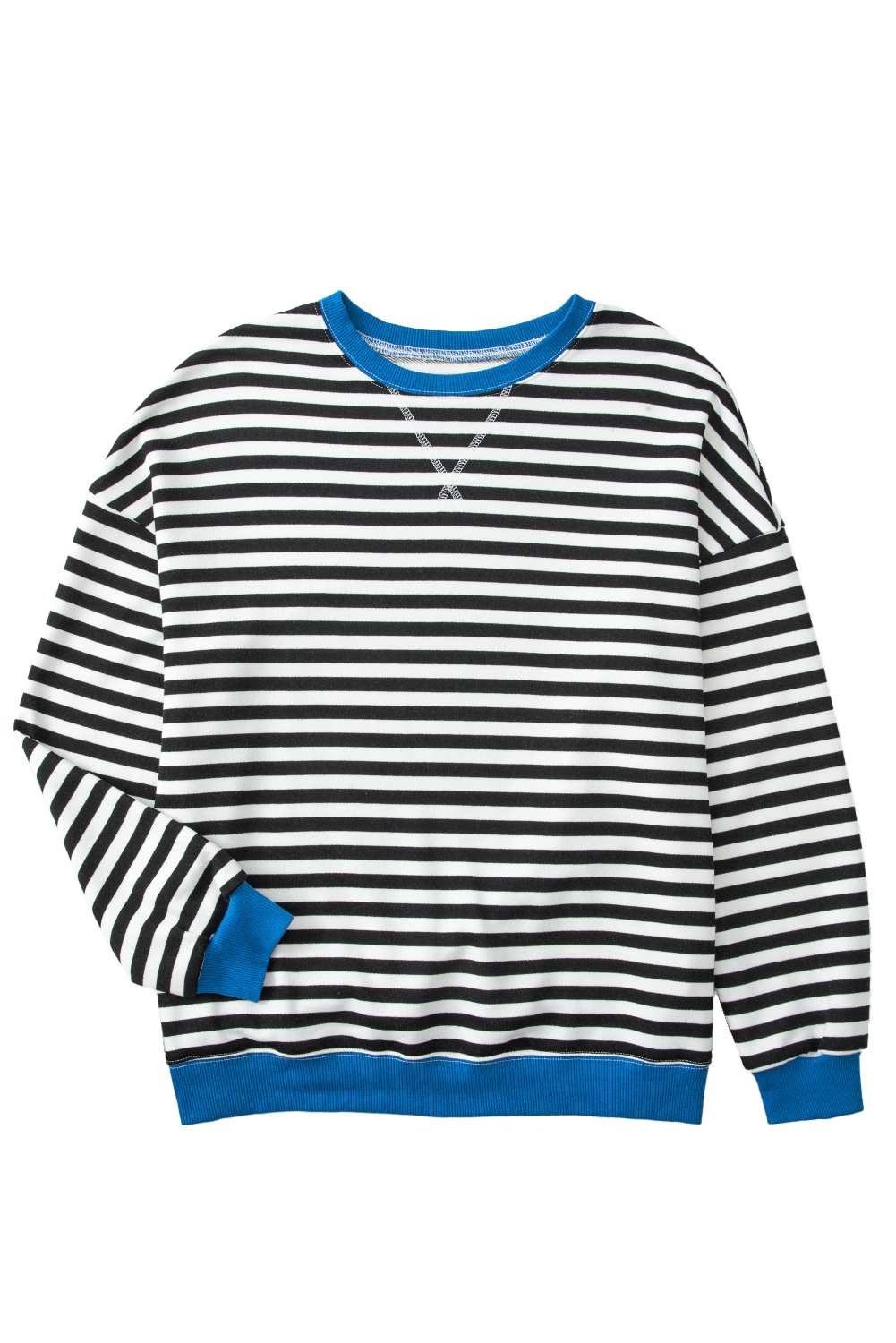Red Stripe Contrast Ribbed Trim Crossed Stitch Drop Shoulder Sweatshirt