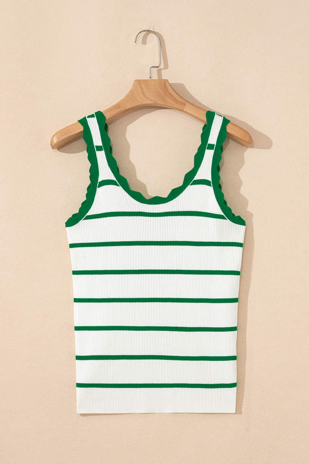 Bright Green Striped Scalloped Edge U Neck Sleeveless Sweater Vest