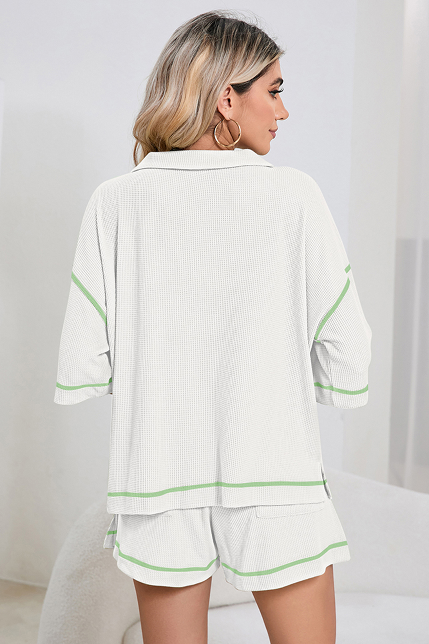 White Breathable Waffle Color Block Trim 2pcs Casual Short Set