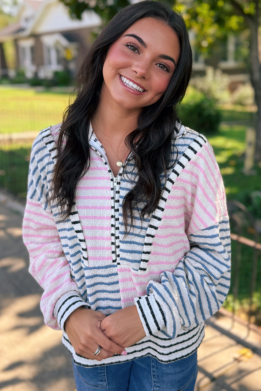 Multicolour Striped Color Block Patchwork Half Zip Drop Shoulder Long Sleeve Top