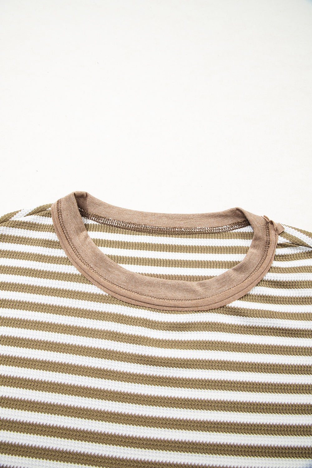 Dearlovers Green Stripe Thermal Knit Drop Shoulder Casual Top