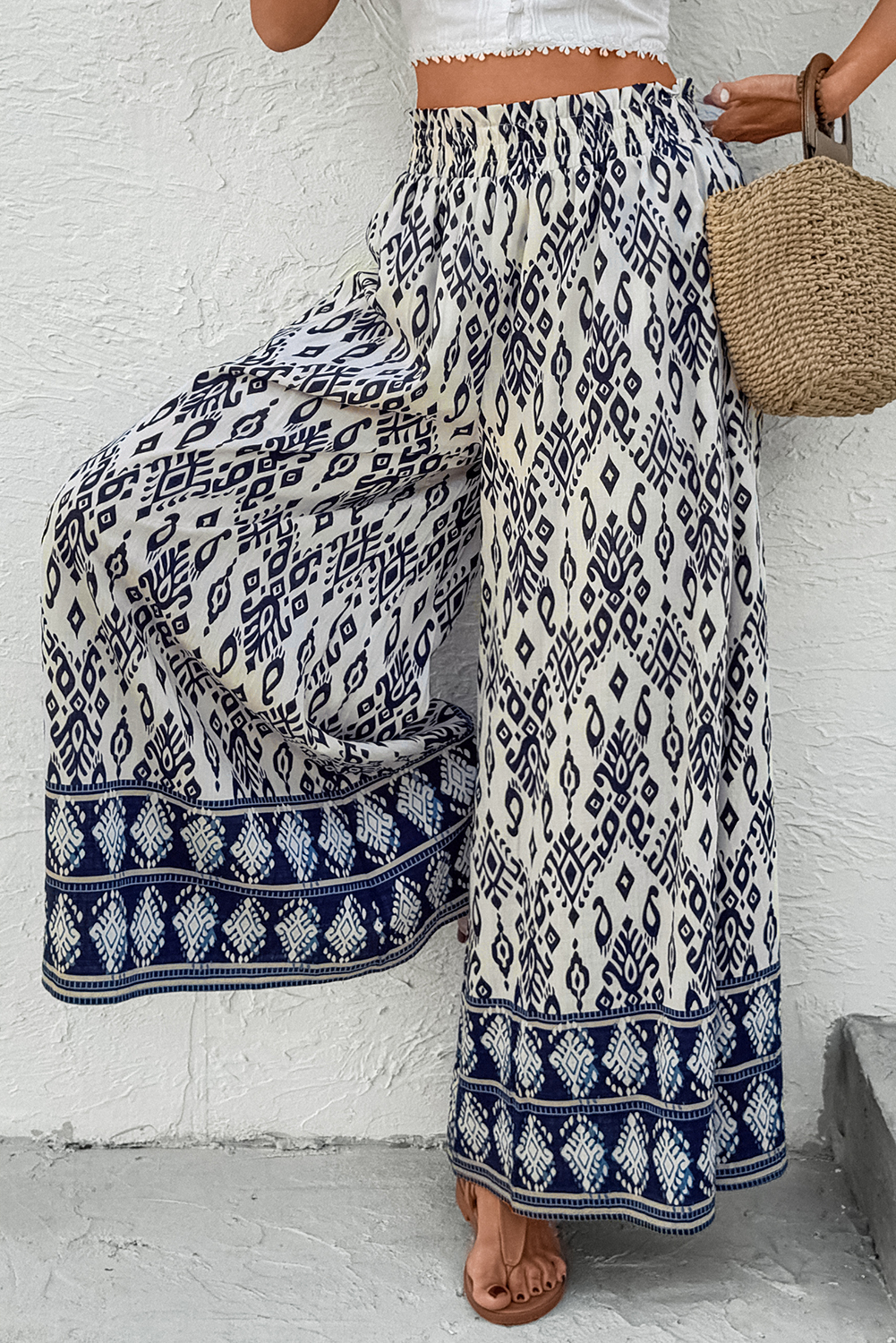 Blue Boho Geometric Print Shirred High Waist Wide Leg Jumpsuit