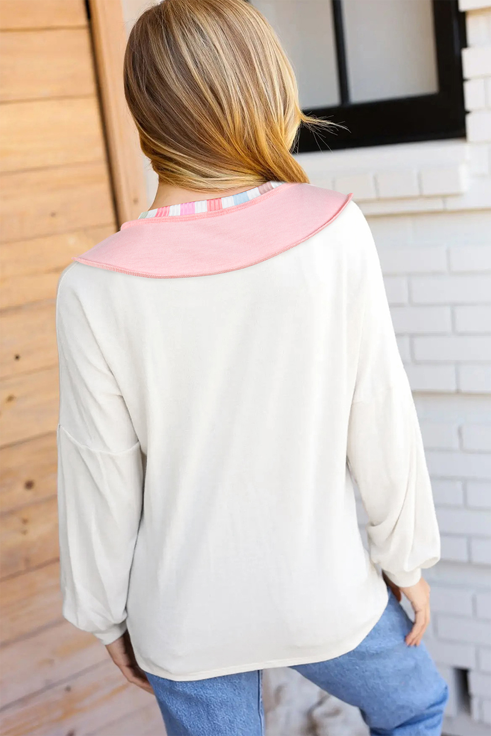 White Exposed Seam Rainbow Stripe Color Block V Neck Loose Long Sleeve Top