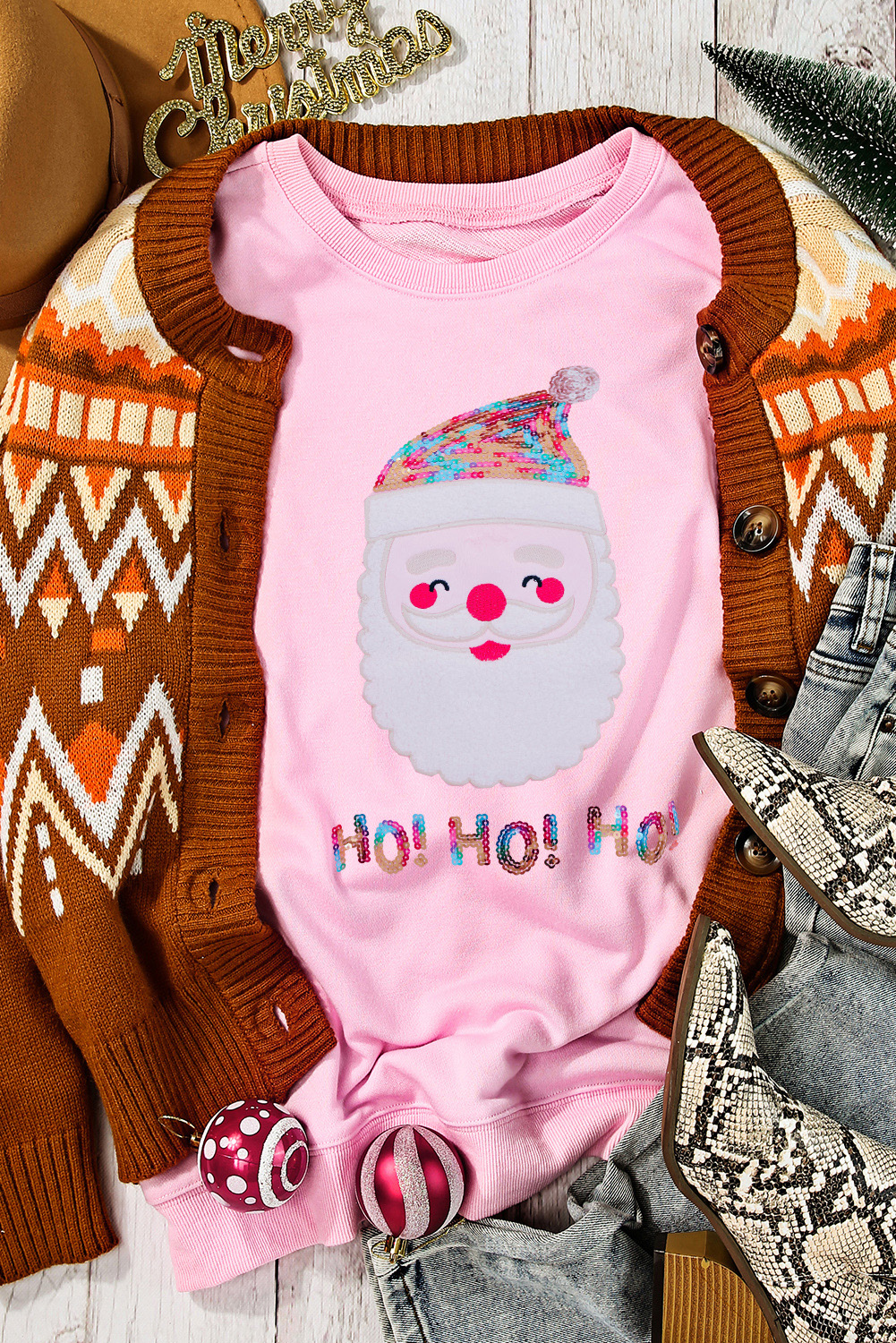 Fiery Red Santa Claus Sequin Graphic Sweatshirt