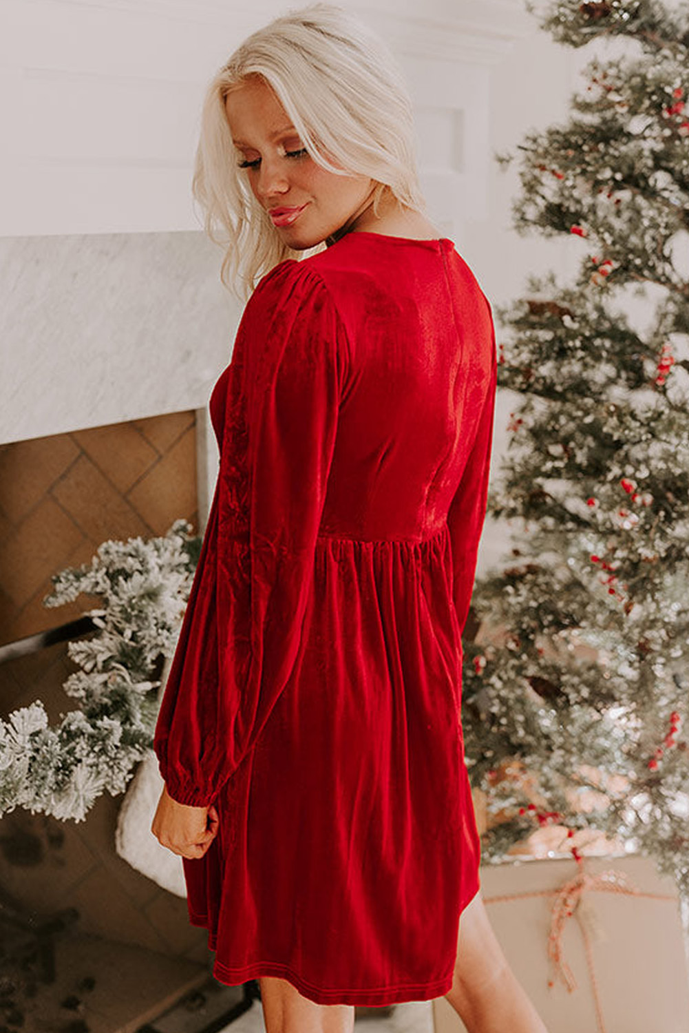 Fiery Red Bowknot Decor High Waist Velvet Mini Dress