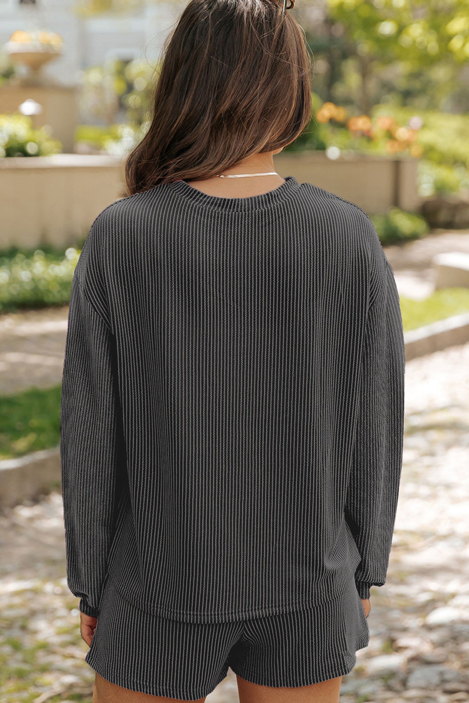 Carbon Grey Twisted Ribbed Sequin Cherry Patched Long Sleeve Pullover and Shorts 2pcs Set