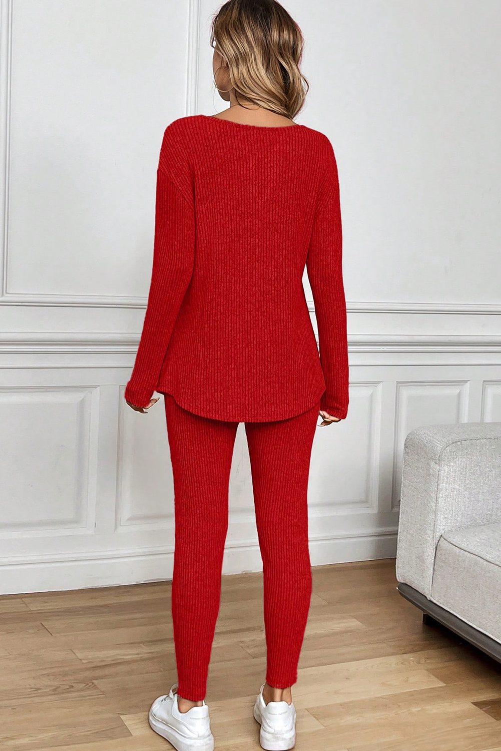 Black Ribbed Notched Neck Knit Long Sleeve Leggings Two Pieces Lounge Set