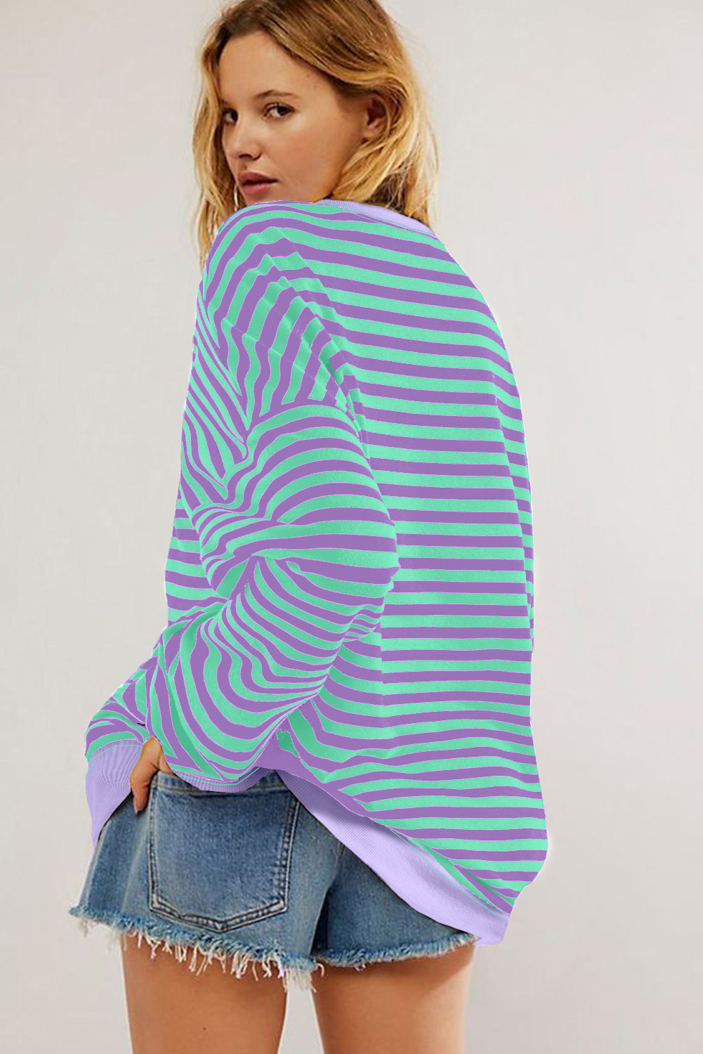 Red Stripe Contrast Ribbed Trim Crossed Stitch Drop Shoulder Sweatshirt