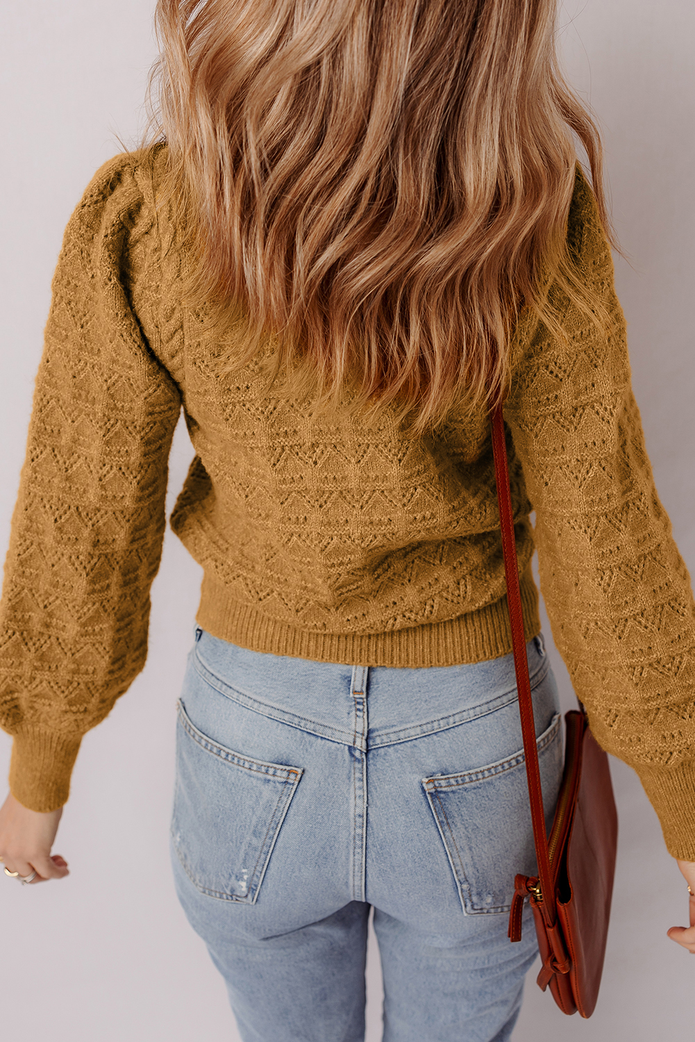 Jurassic Gold Hollow Out Crochet Ribbed Edge Balloon Sleeve Sweater