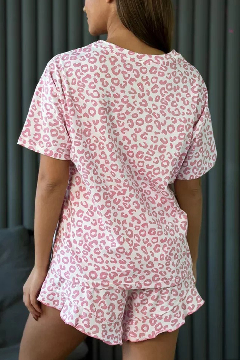 Pink Leopard Print Crew Neck Tee and Ruffled Shorts 2 Lounge Set