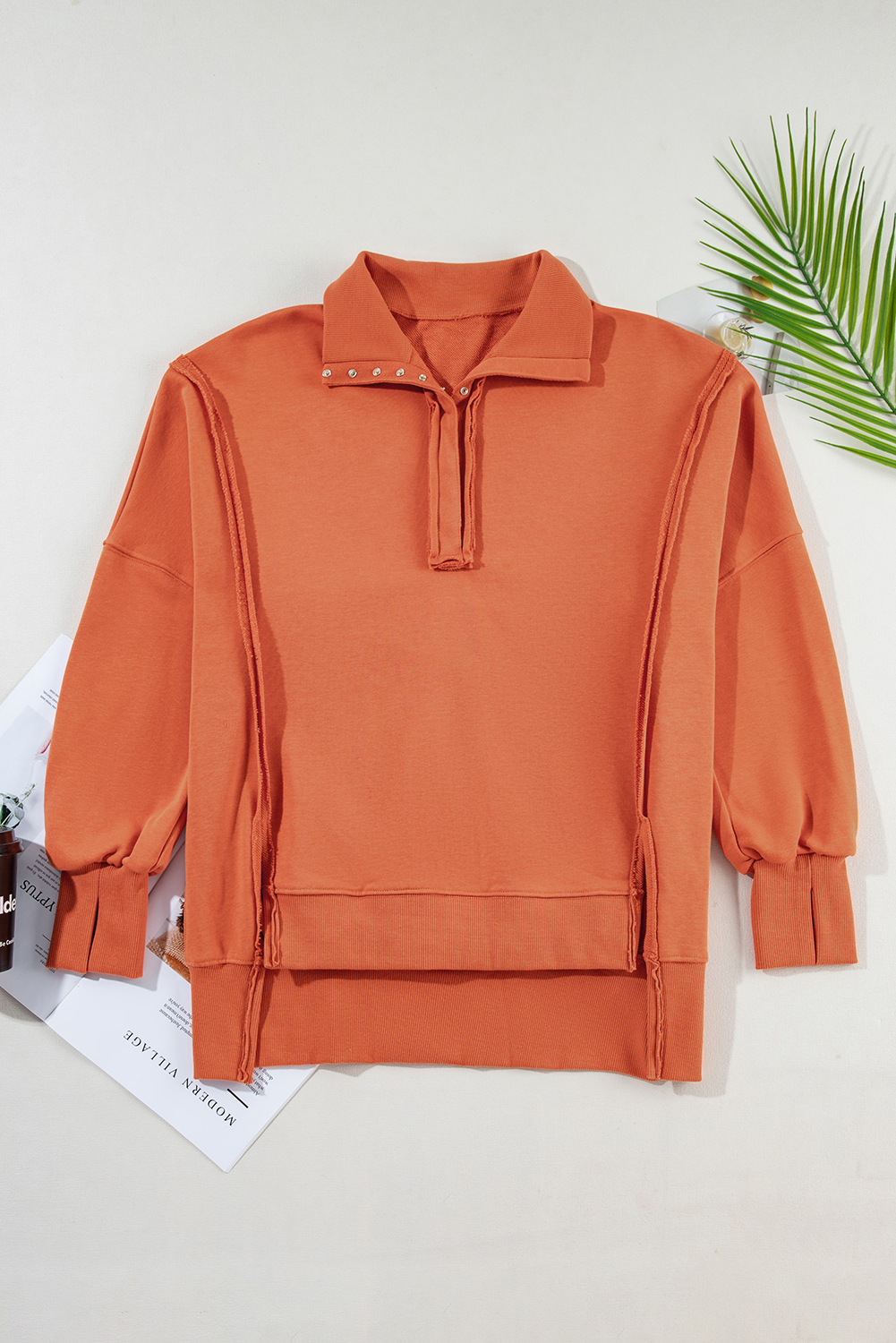 White Buttoned Collared Raw Detail High Low Baggy Sweatshirt with Slits