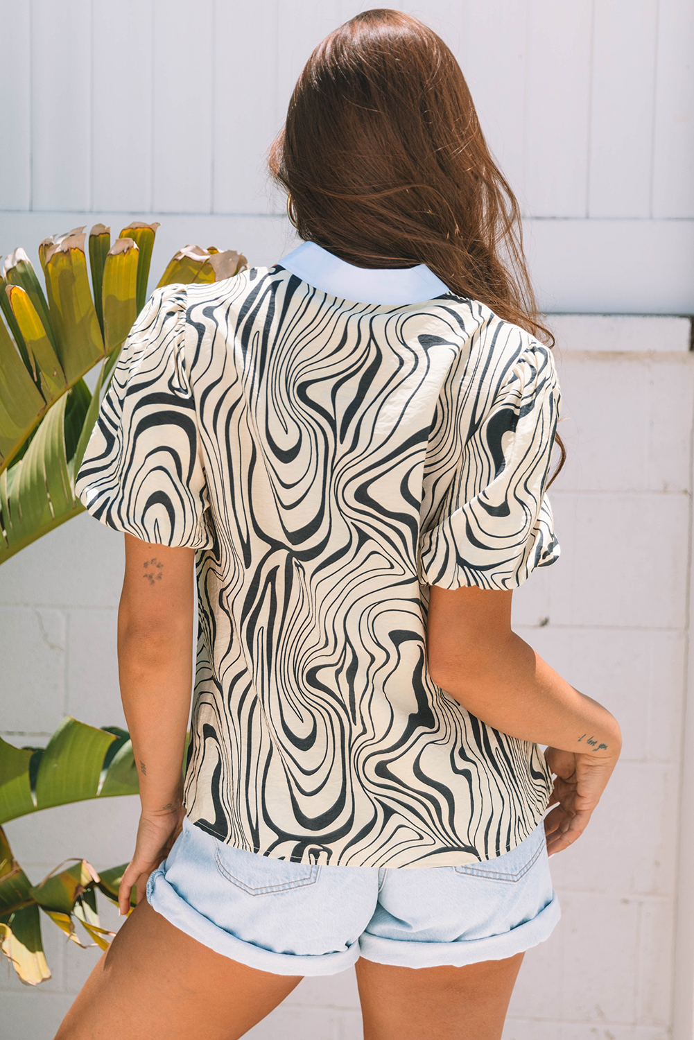 White Zebra Stripe Print Contrast V-Neck Ricrac Detail Short Sleeve Blouse Top