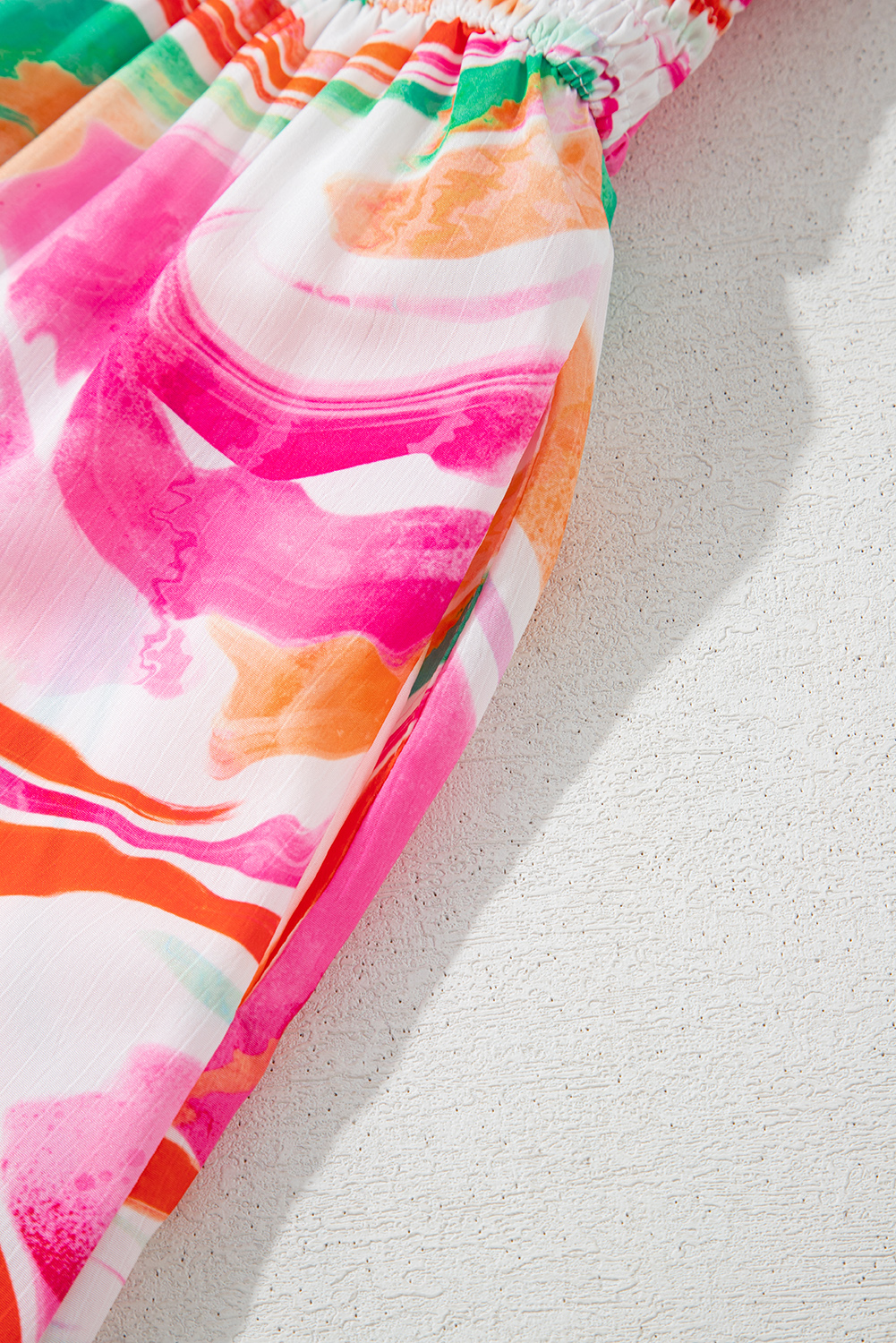 Pink Abstract Print Ruffled Sleeve Smocked Bust Maxi Dress