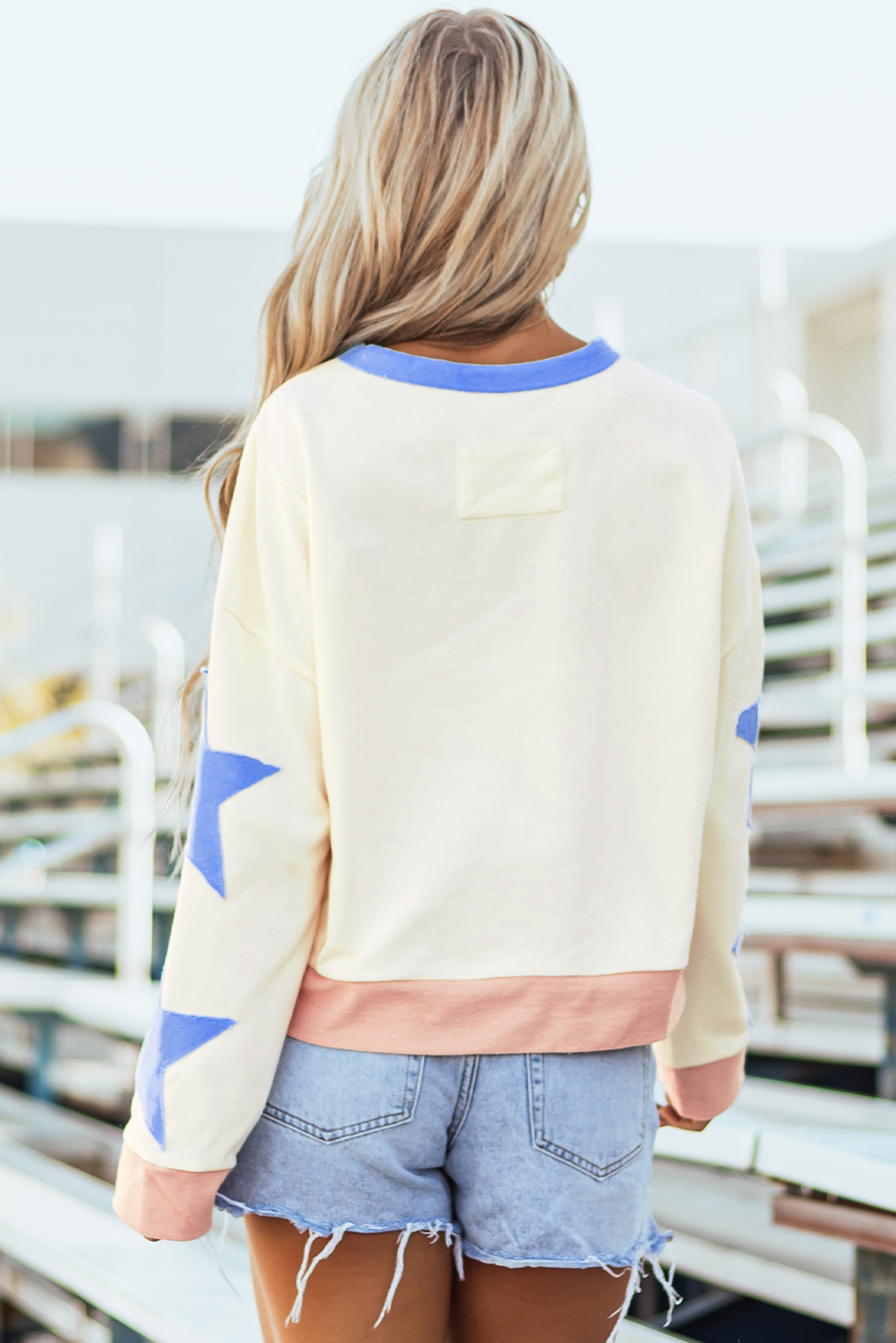 Beige Game Day Sequin Letter Graphic Star Patched Colorblock Sweatshirt