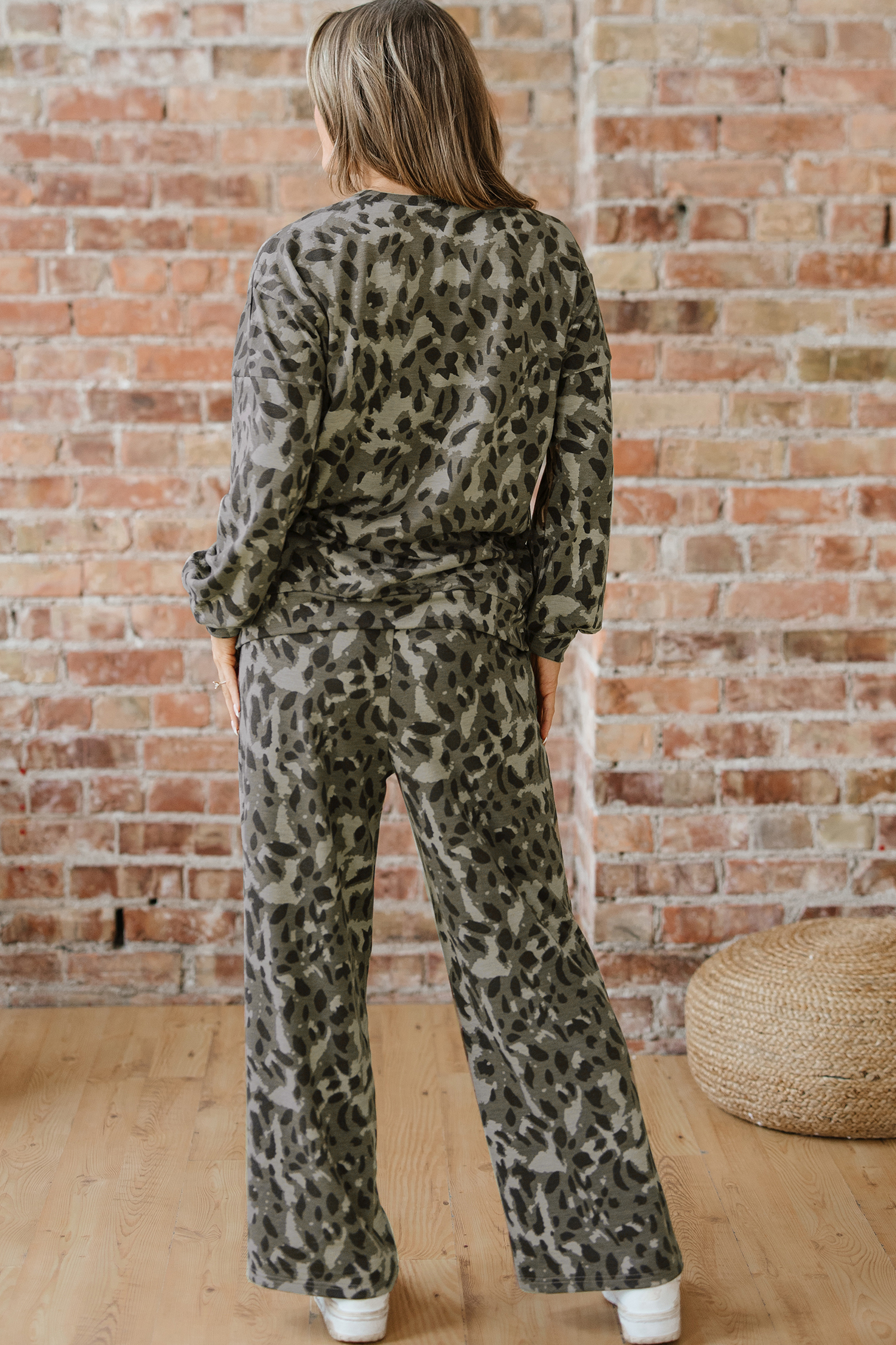 Brown Leopard Loose Tee Drawstring Waist Barrel Pants Set