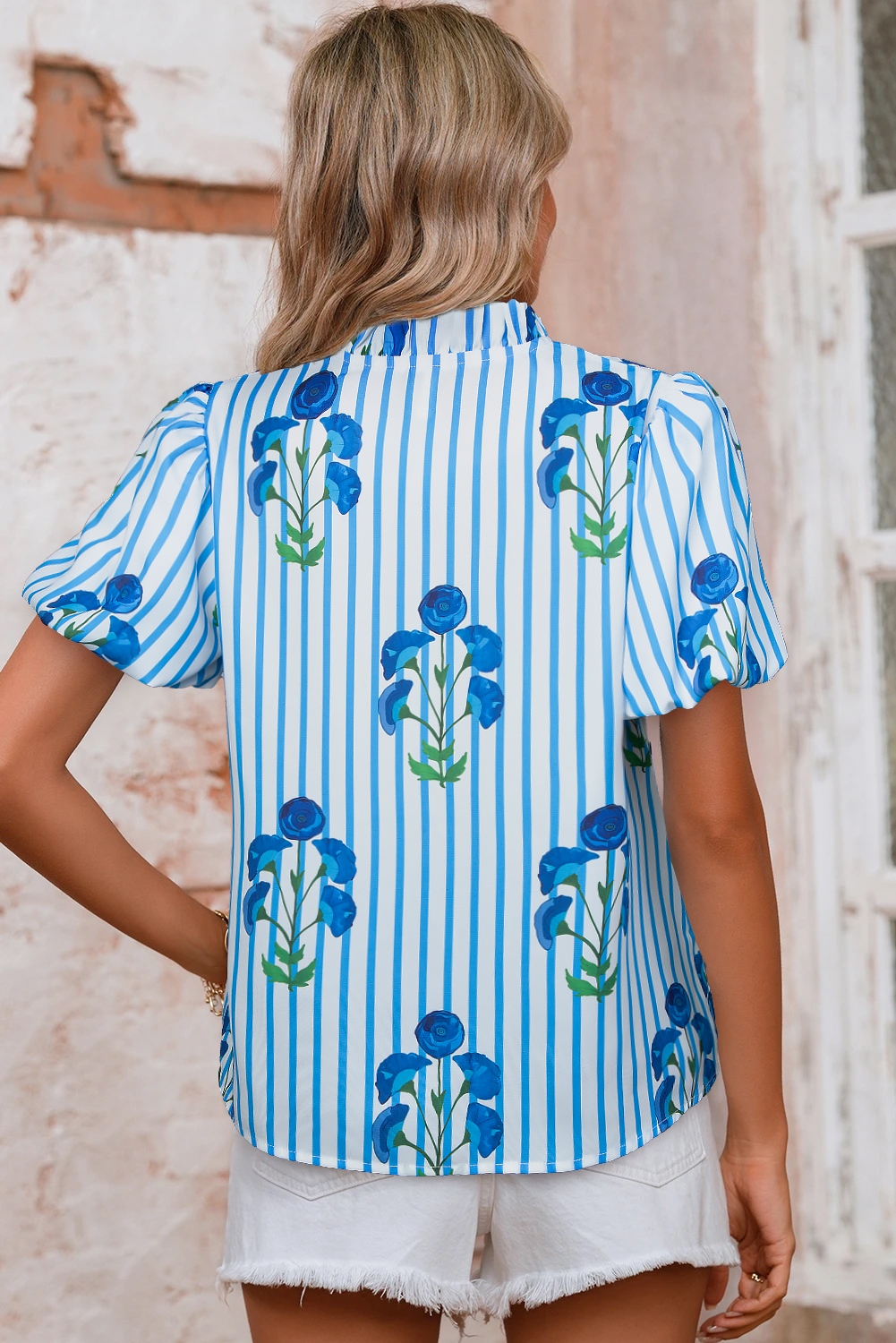 Sky Blue Stripe Floral Buttoned Frilly Notched Neck Puff Sleeve Summer Blouse