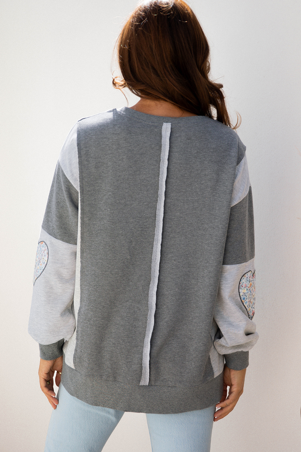 Dark Grey LOVE Graphic Exposed Seam Patchwork Uneven Hem Chic Sweatshirt