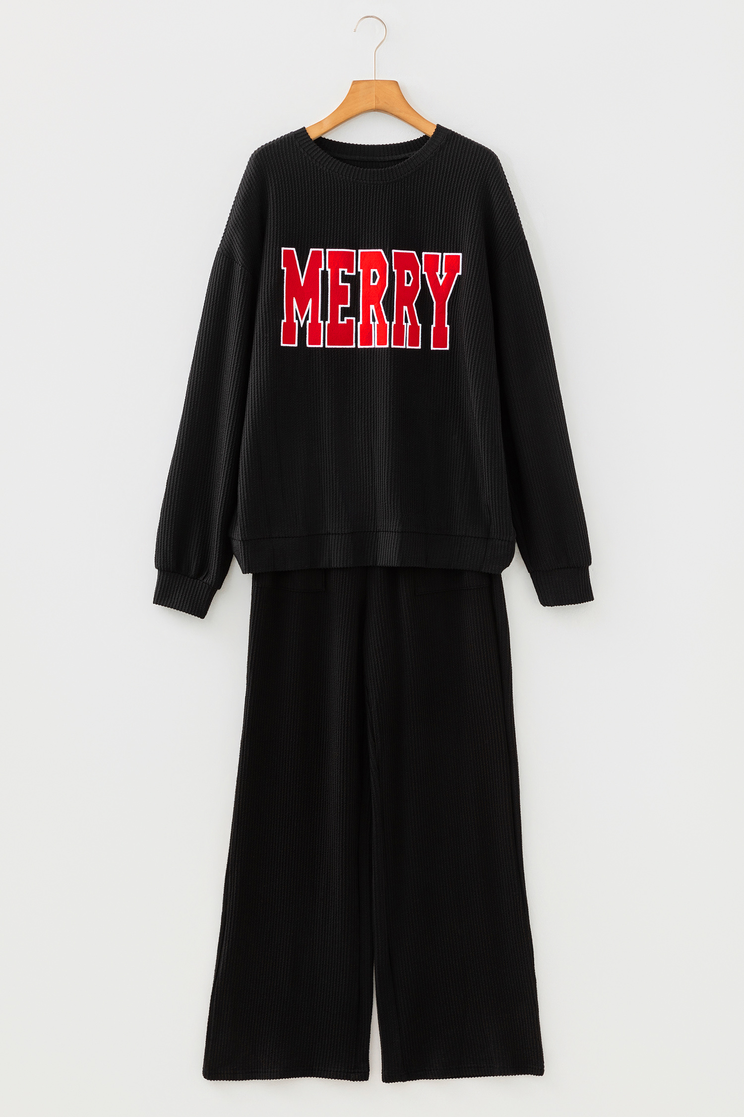 Black MERRY Corded Long Sleeve Top and Pockets Pants Set