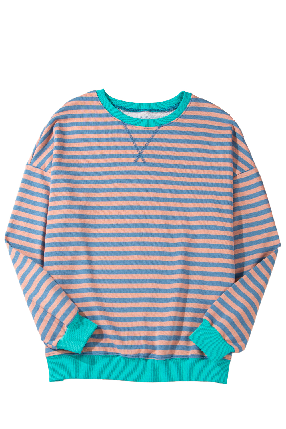 Red Stripe Contrast Ribbed Trim Crossed Stitch Drop Shoulder Sweatshirt