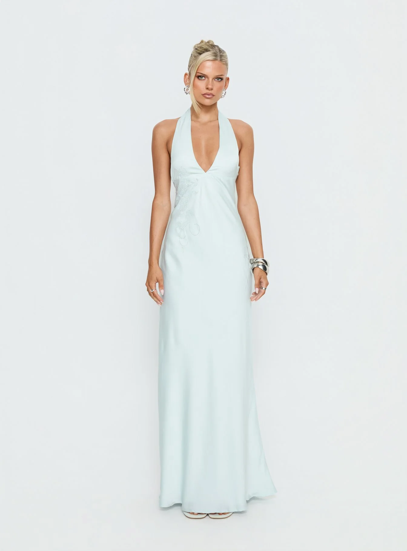 Strawberry Clouds Hotstone Satin Maxi Dress Icy Blue