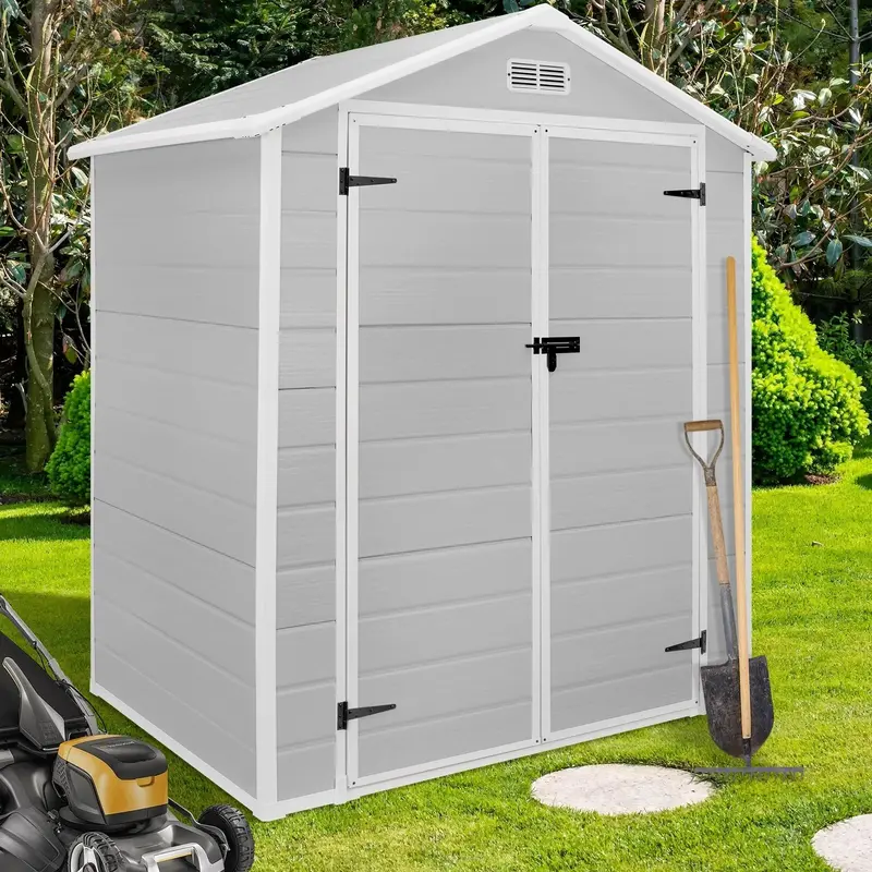 Odporny na warunki atmosferyczne plastikowy domek narzędziowy – szopa na narzędzia w kształcie strzały (1,8 x 1,2 m, 1,8 x 2,4 m, 2,4 x 1,8 m lub 2,4 x 3 m) z podłogą