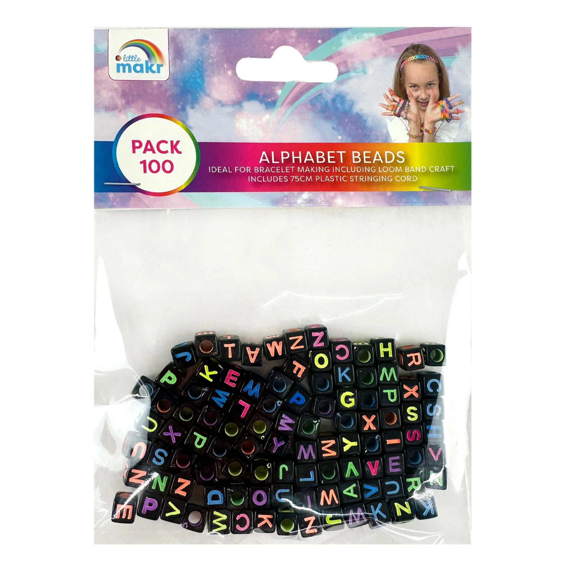 Little Makr Rainbow Alphabet Beads, Black With Neon Alphabets- 100pk