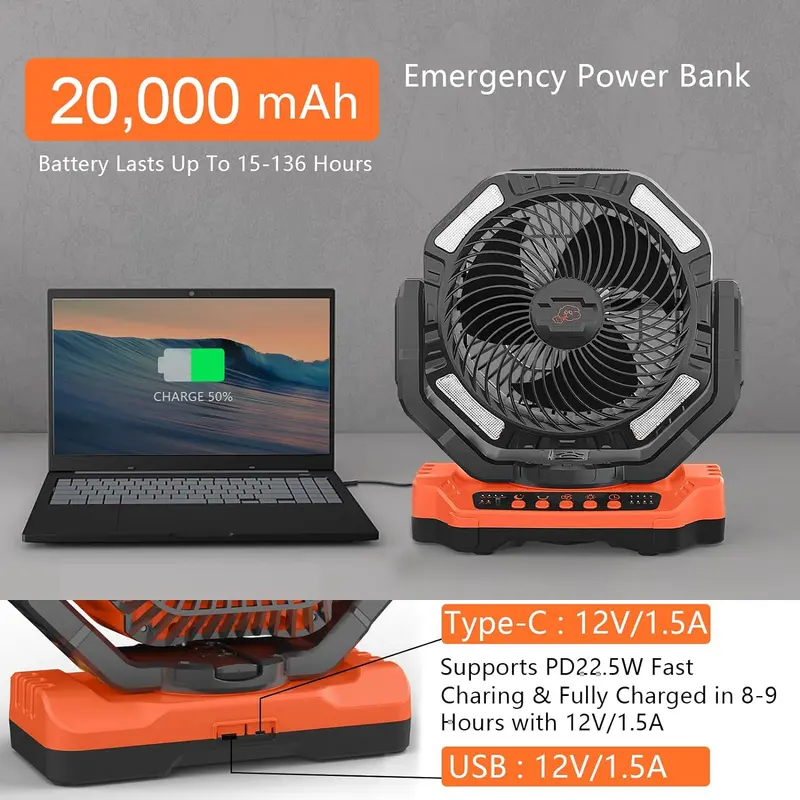 Przenośny wentylator kempingowy 40 000 mAh – 33 cm, akumulatorowy wentylator oscylacyjny z pilotem, wyświetlaczem LED i baterią zapasową
