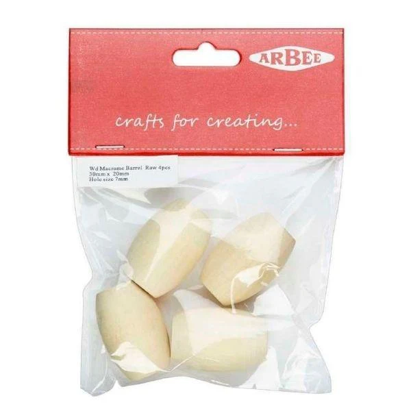 Arbee Wood Macrame Bead, Barrel Large- 4pk