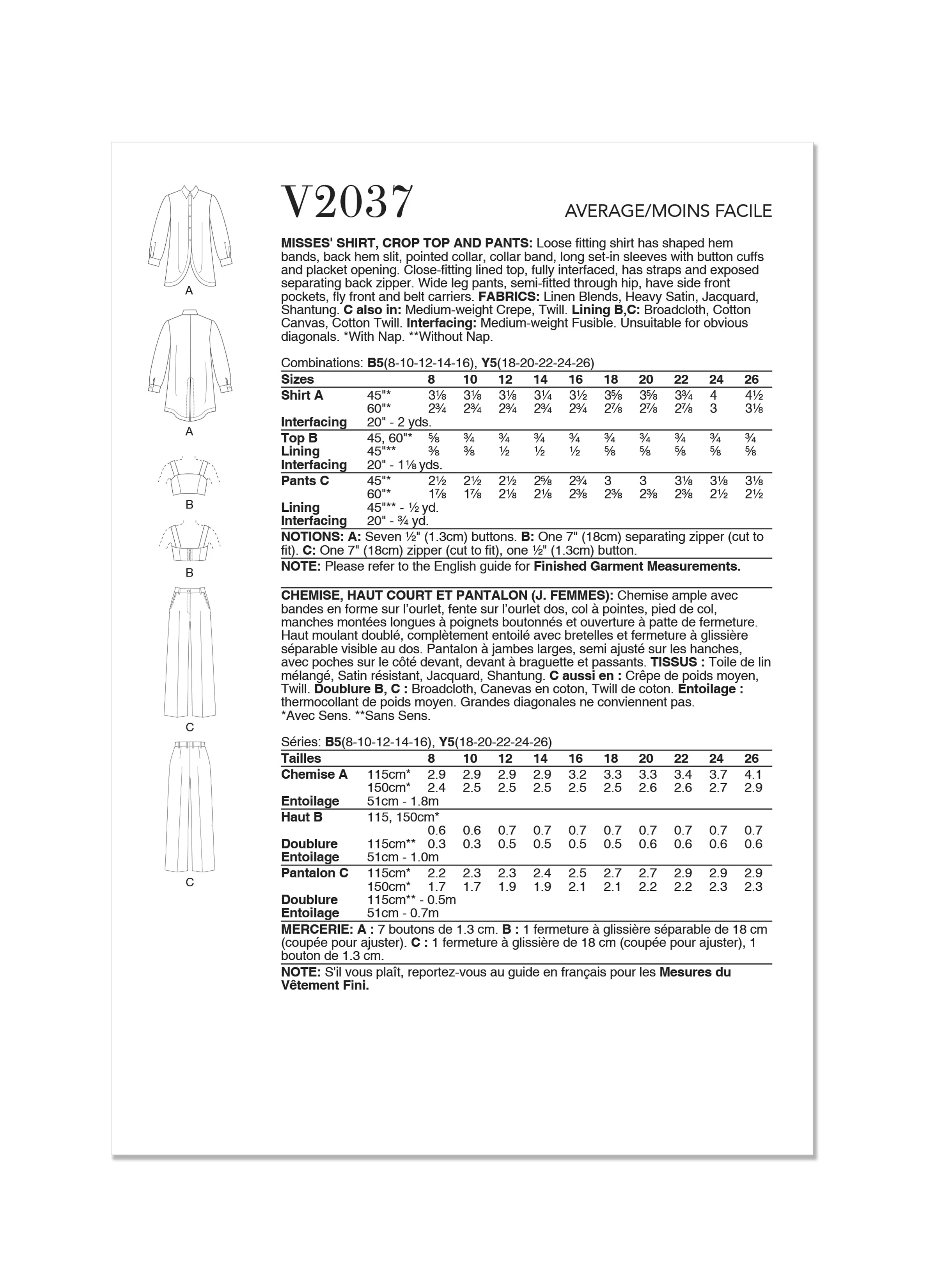 Vogue Pattern V2037 Misses' Shirt, Crop Top and Pants