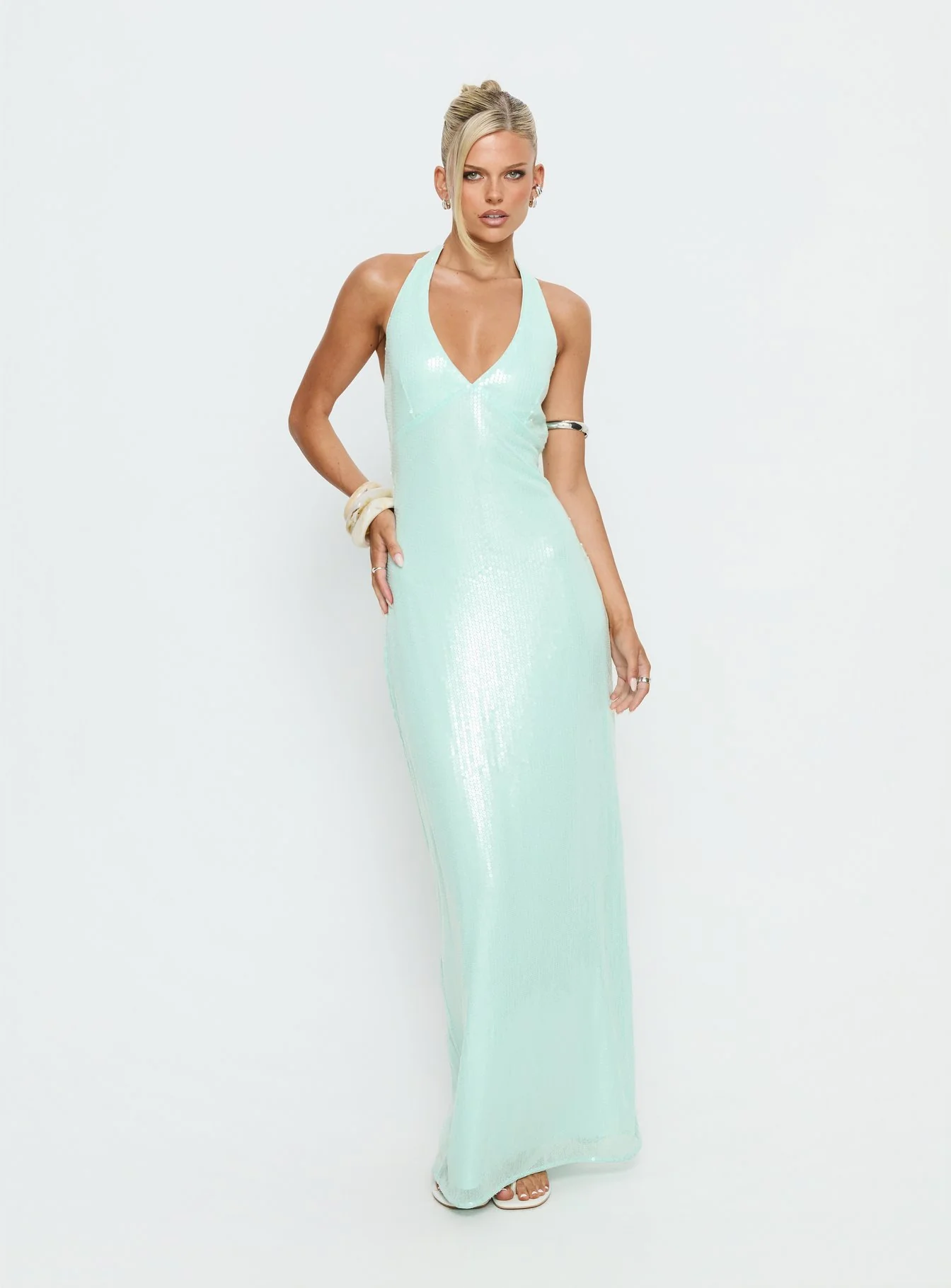 Isanna Halter Sequin Maxi Dress Jelly Mint