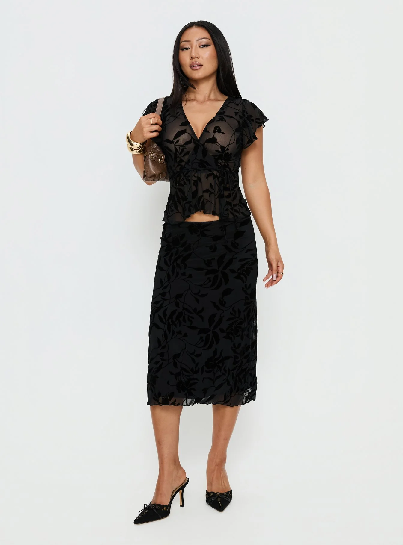 Atira Midi Skirt Leaf Flower Black