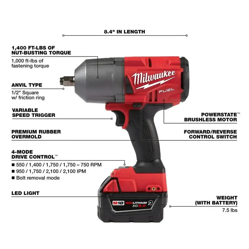 Klucz udarowy Milwaukee M18 FUEL 1/2″ o wysokim momencie obrotowym – zestaw z pierścieniem ciernym, model 2767-22R