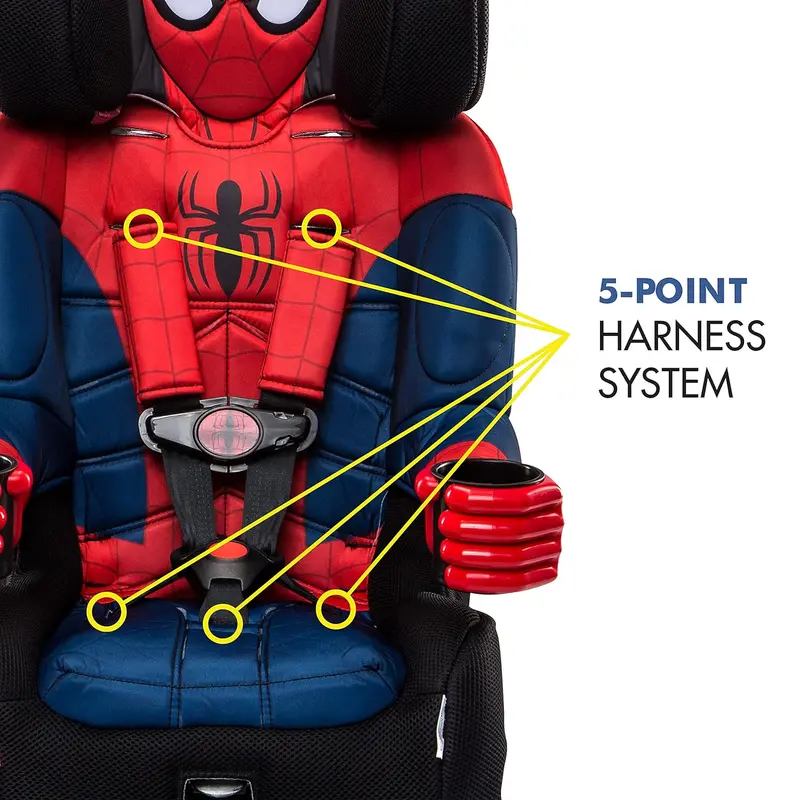 Fotelik samochodowy KidsEmbrace Spider-Man 2 w 1 – kompatybilny z systemem LATCH, z 5-punktowymi pasami bezpieczeństwa i trybem prowadzenia pasa