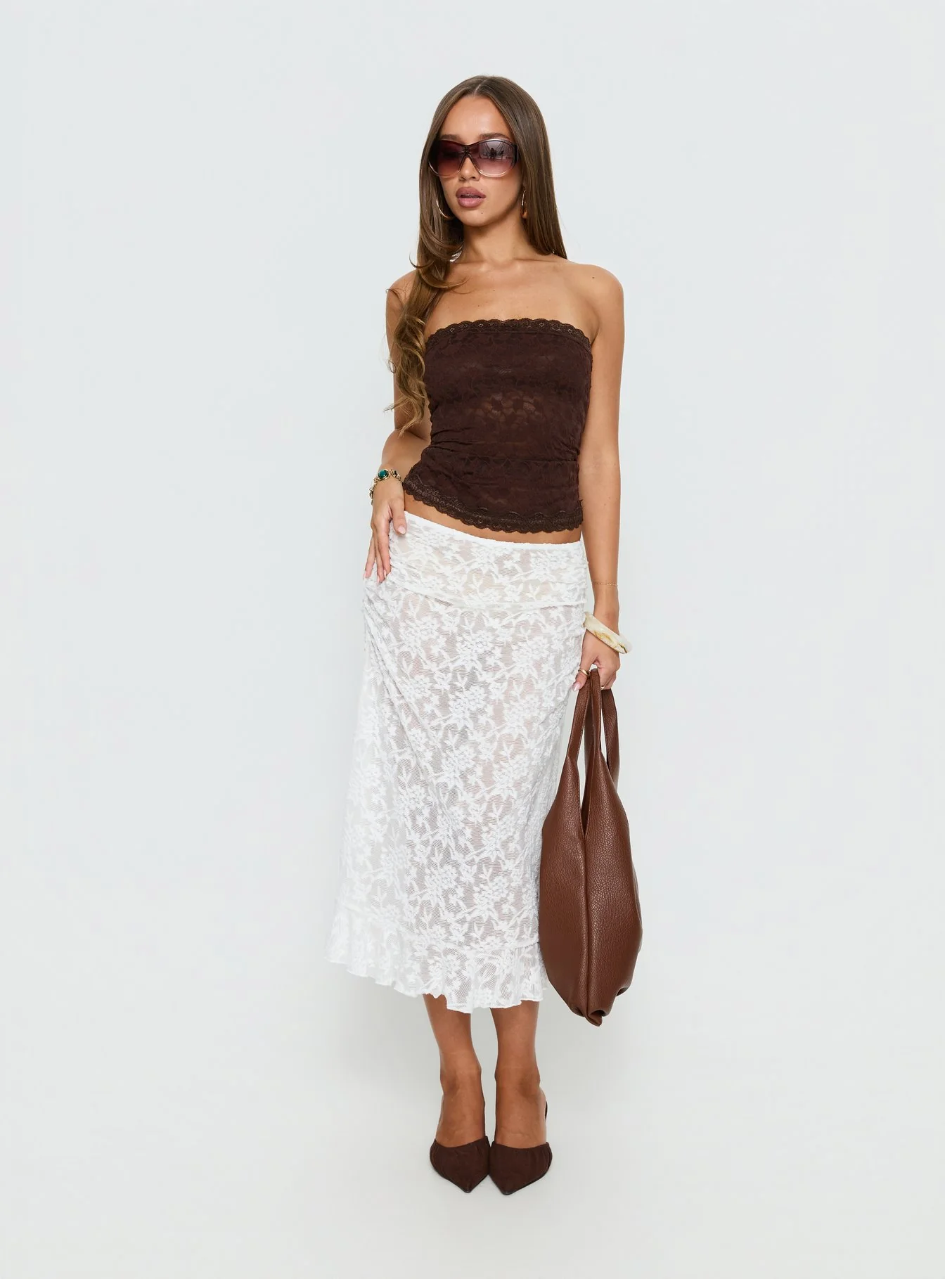 Toscani Lace Frill Midi Skirt White