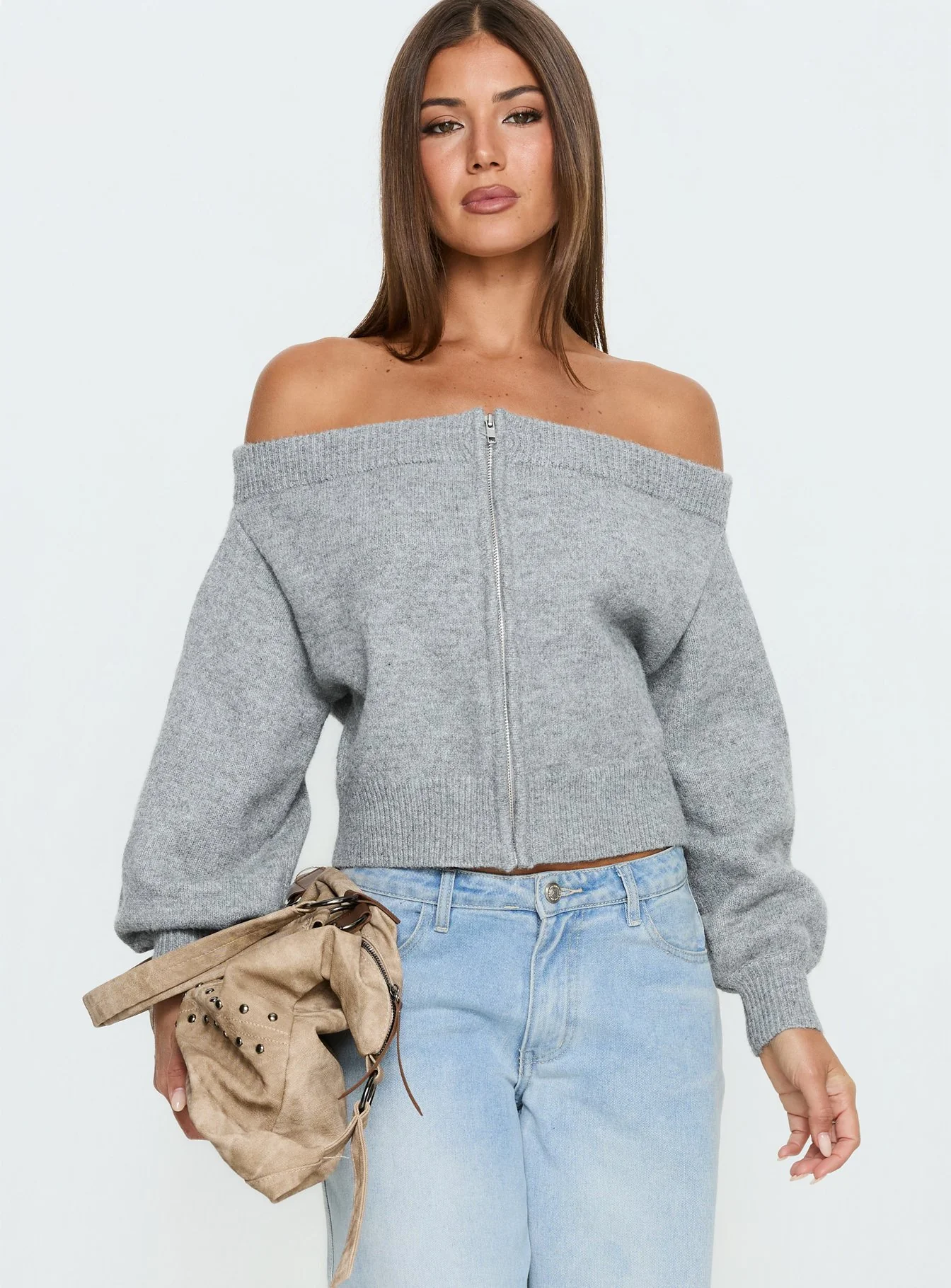 Ortensa Off Shoulder Zip Through Jumper Grey Marle