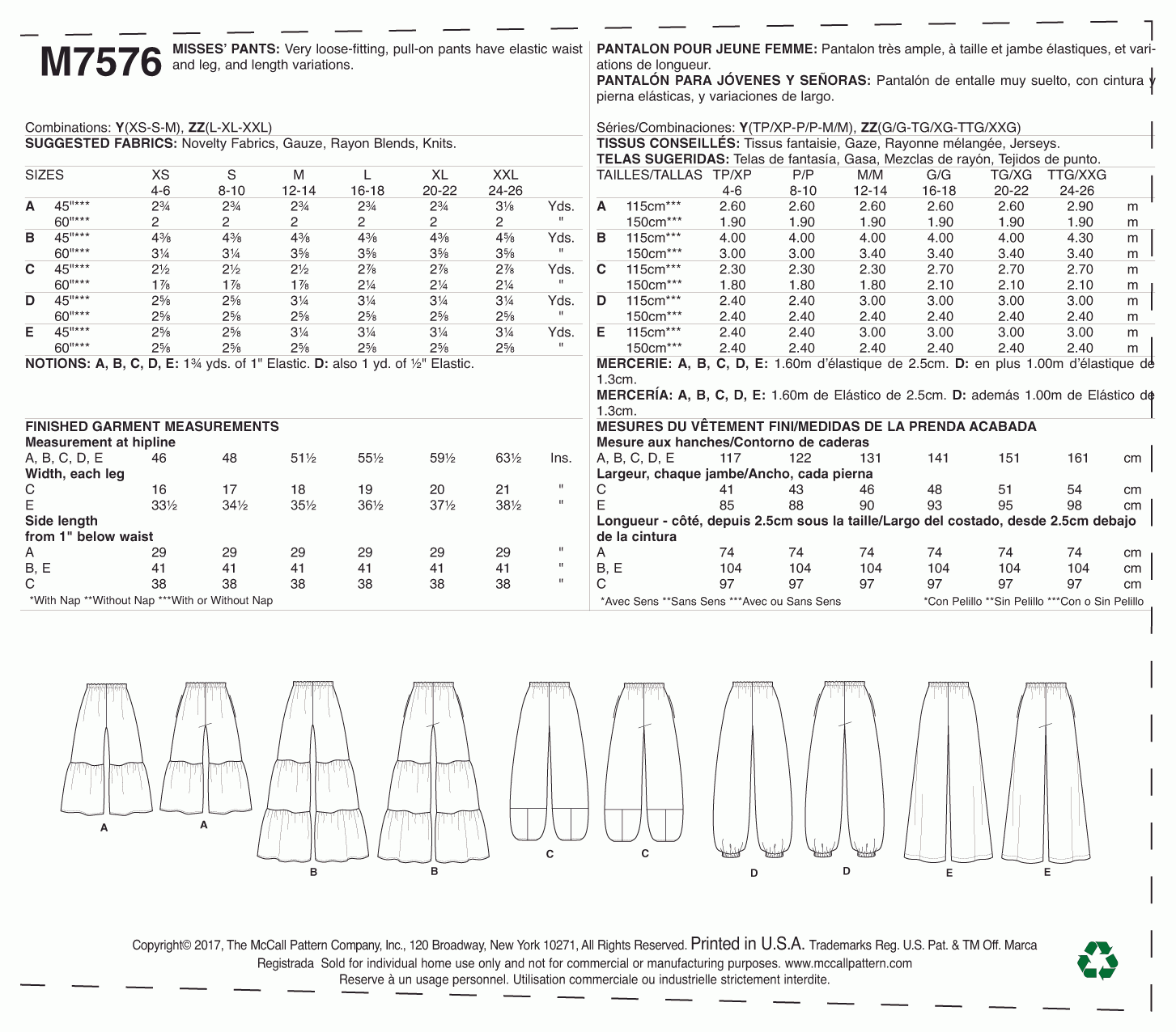 McCall's Pattern M7576 Misses' Elastic-Waist Loose Pants