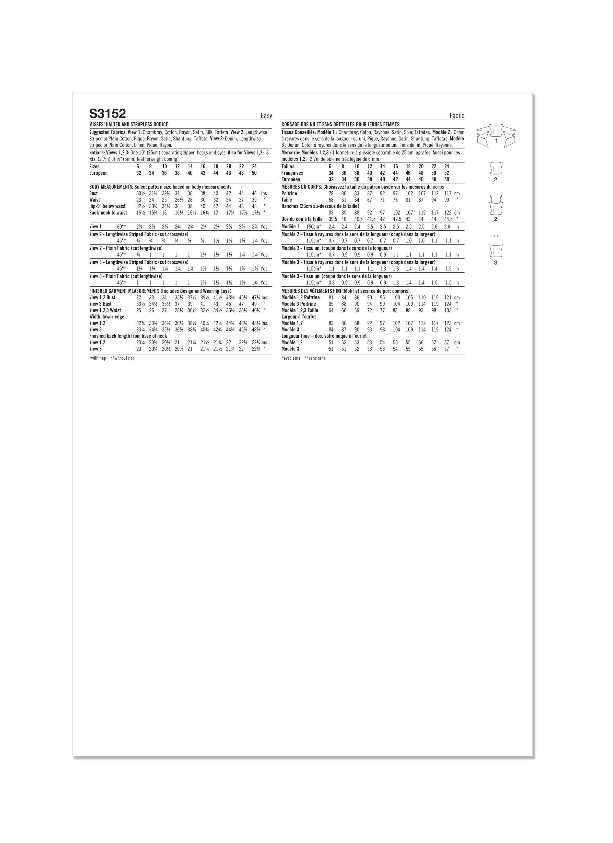 Simplicity Pattern S3152 1950s Misses' Halter and Strapless Bodice