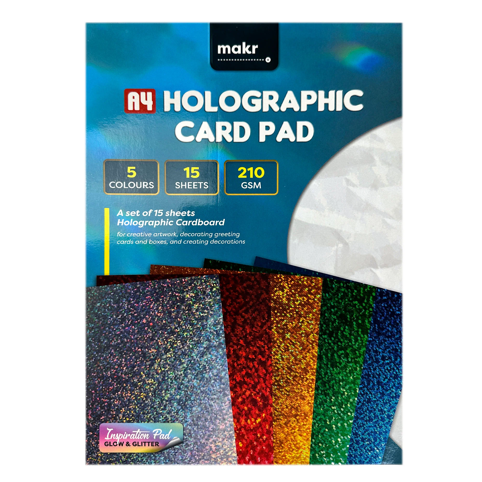 A4 Card Pad 210 Gsm, 5 Holographic Colours- 15 Sheets