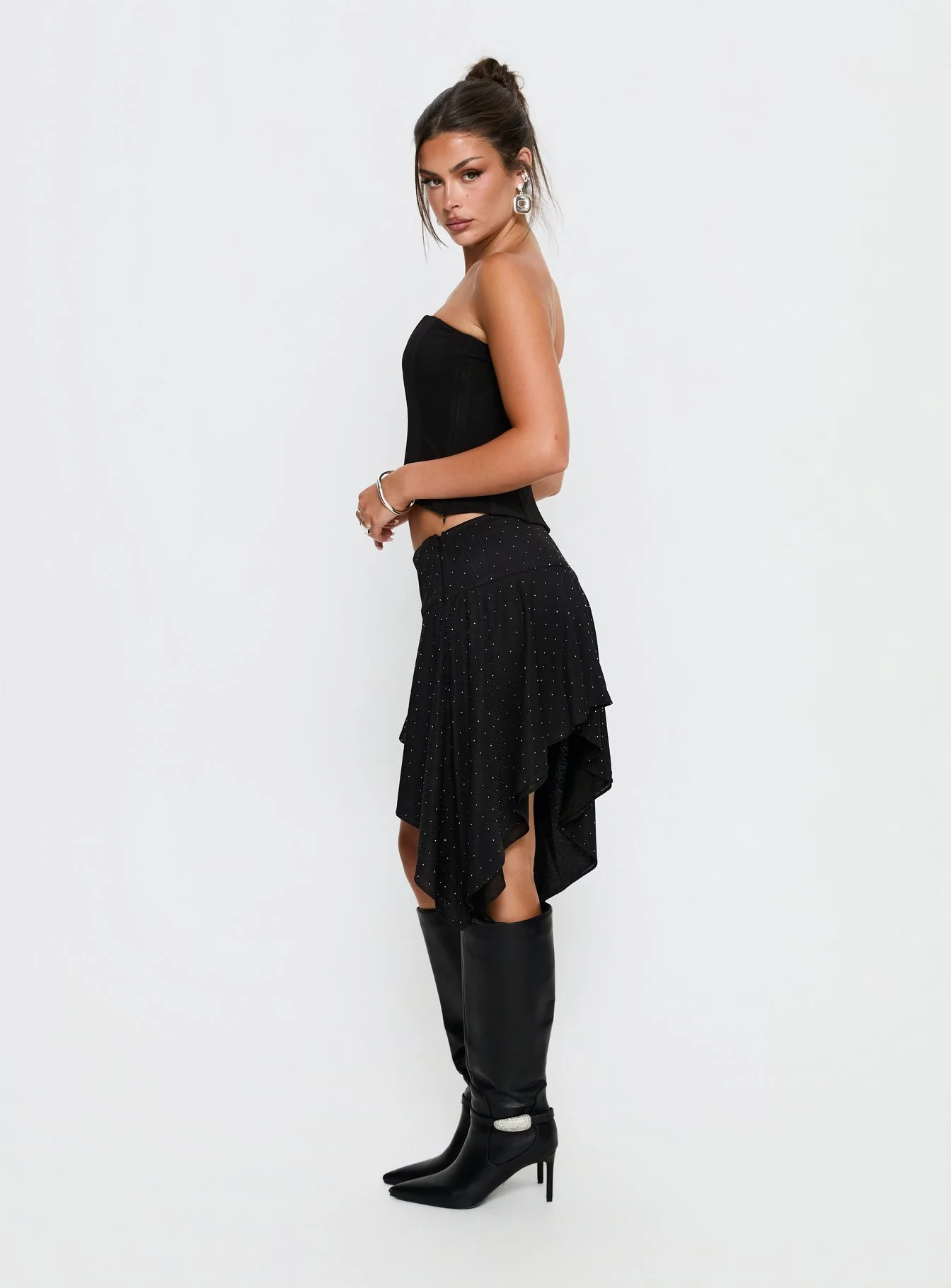Hevenna Asymmetrical Plisse Mini Skirt Black Diamante