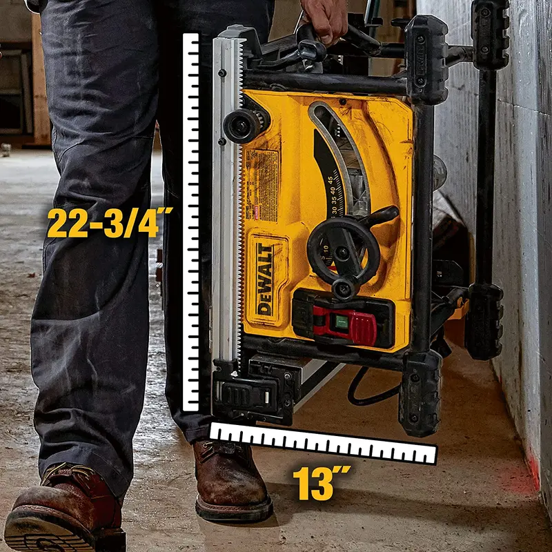Kompaktowa piła stołowa DEWALT DWE7485 do pracy na placu budowy, precyzyjny system cięcia z tarczą 8-1/4 cala.