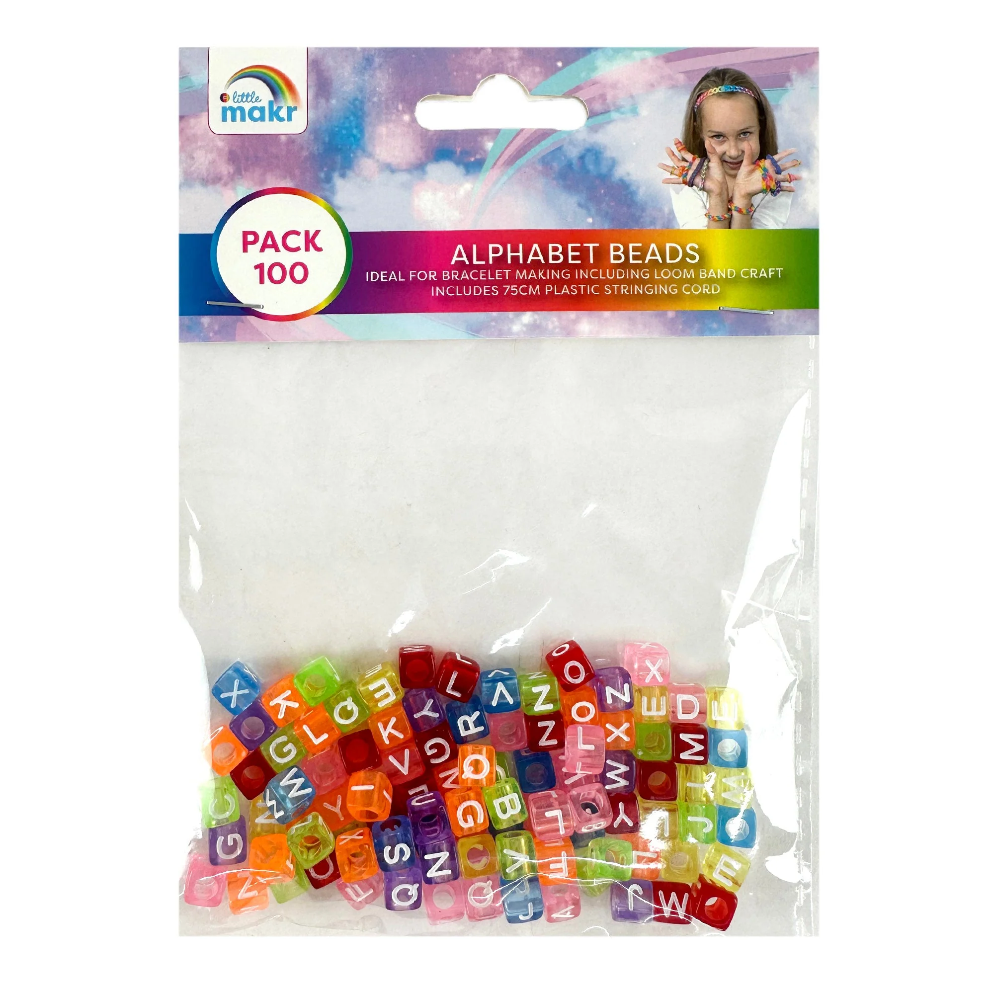 Little Makr Rainbow Alphabet Beads, Translucent With White Alphabets- 100pk
