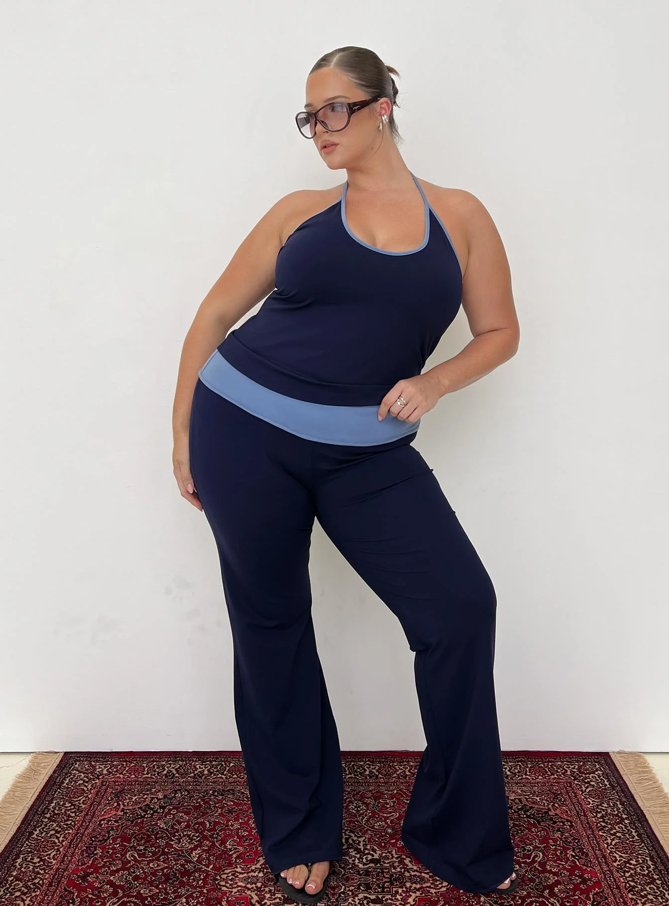 Kobee Jersey Flare Pants Navy / Light Blue Curve