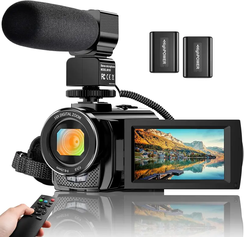 Cyfrowa kamera FHD 1080P do nagrywania vlogów na YouTube – czujnik 24 MP, ekran obrotowy o kącie 270°, 16-krotny zoom, obsługa zewnętrznego mikrofonu, pilot zdalnego sterowania i dwie baterie