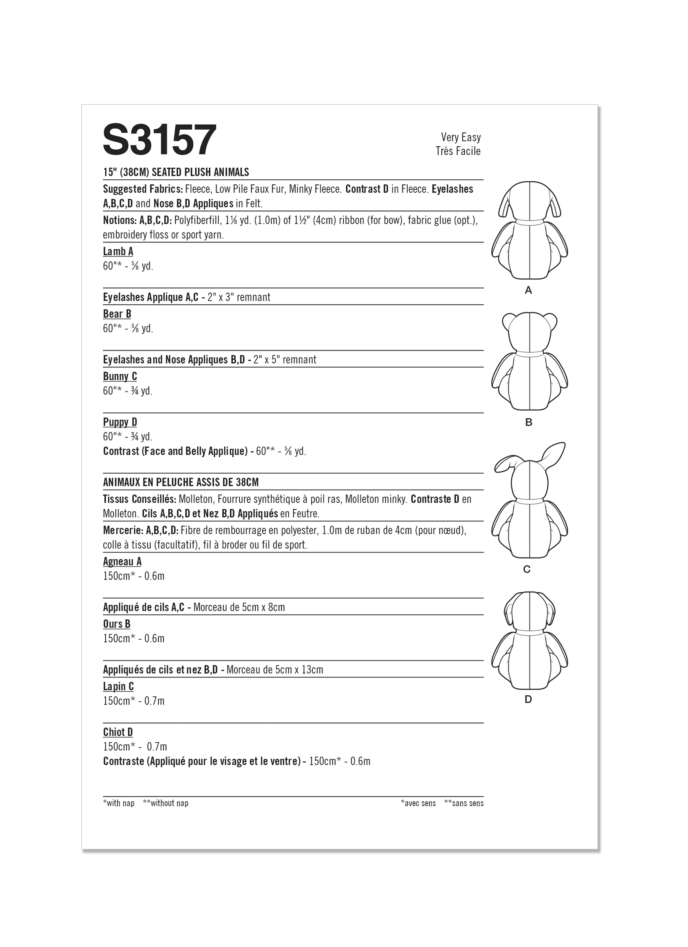 Simplicity Pattern S3157 Seated Plush Animals