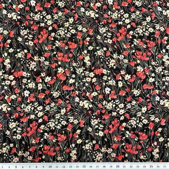 Twill Chiffon Fabric, Black Floral- 140cm