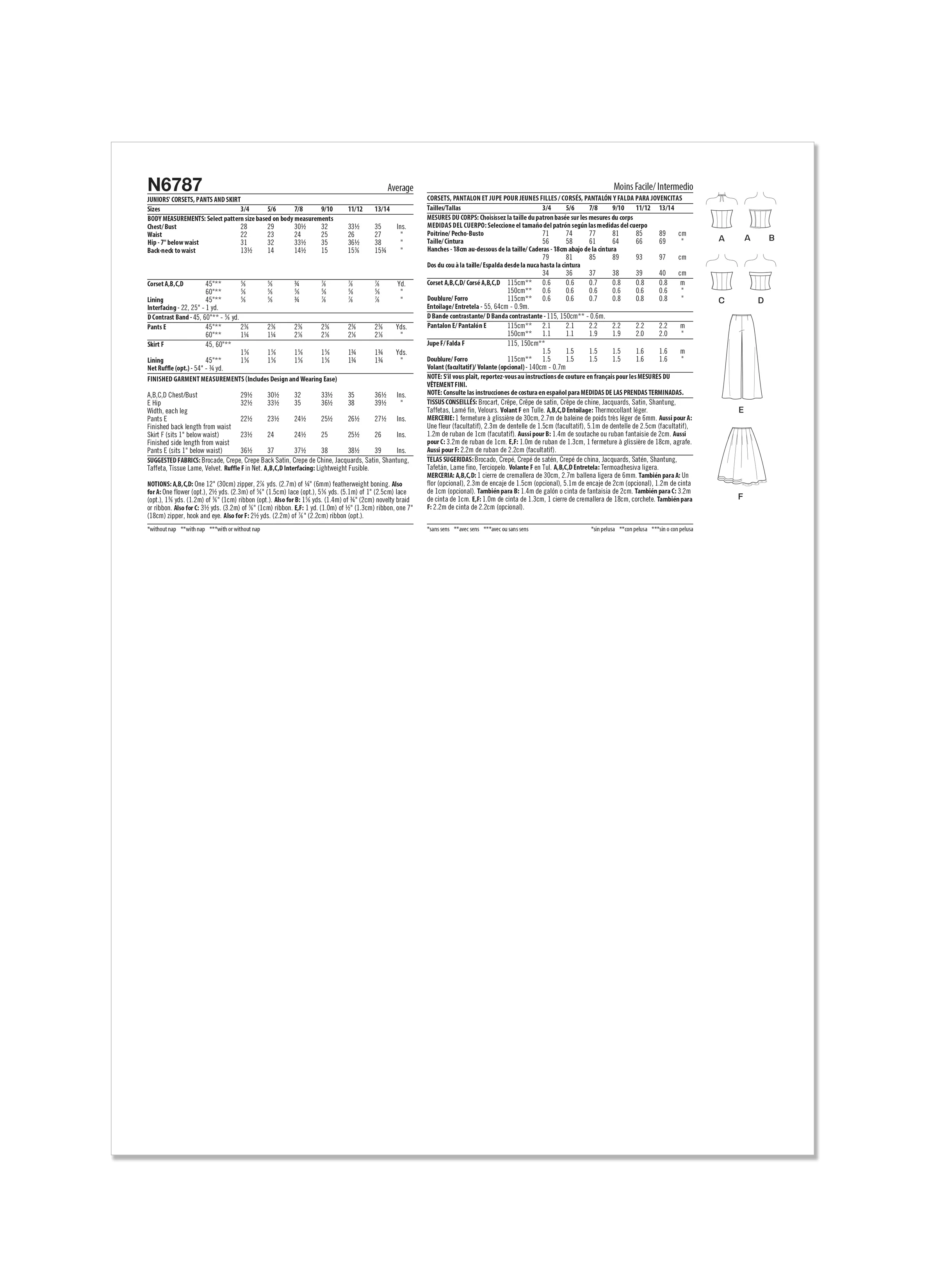 Newlook Pattern 6787 Juniors' Corsets, Pants and Skirt