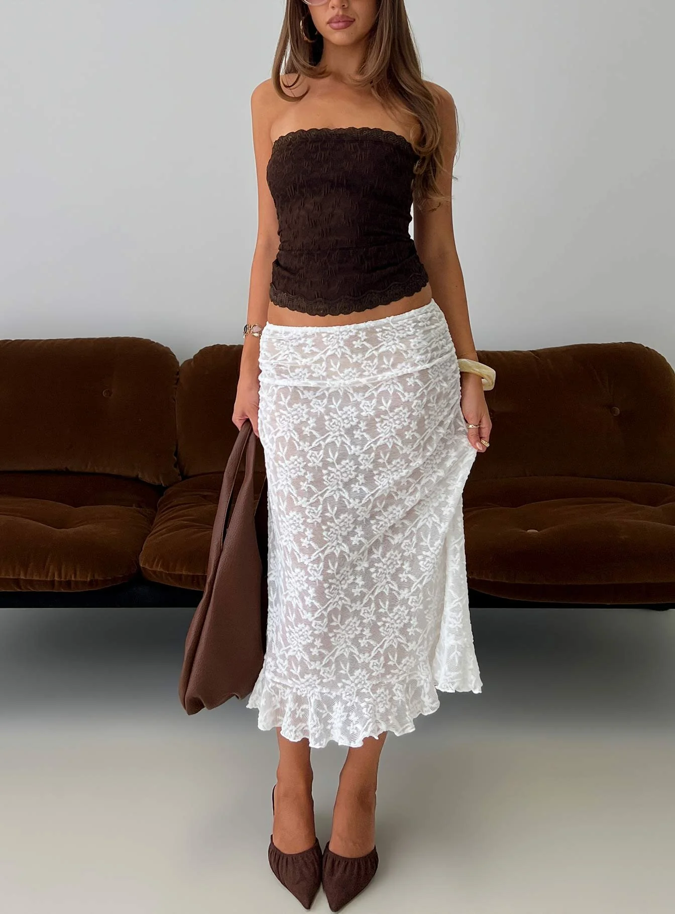 Toscani Lace Frill Midi Skirt White